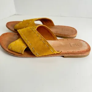 Frye Women’s Avery Pickstitch Suede Mustard Yellow Crossover Strap Slides