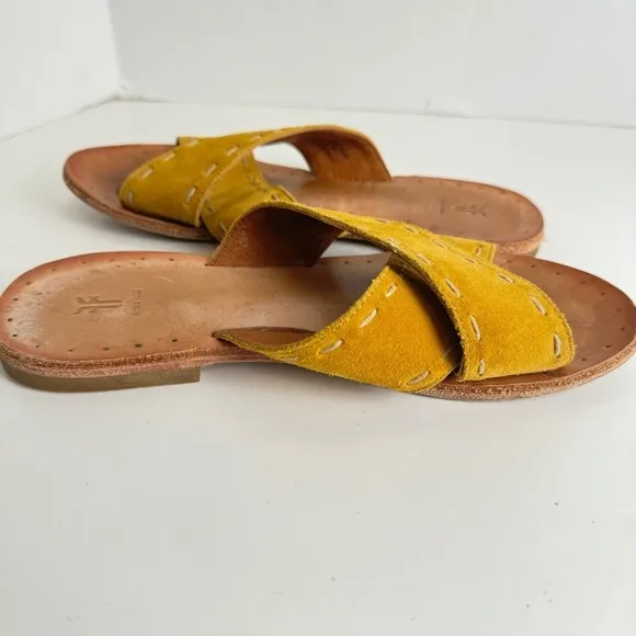 Frye Women’s Avery Pickstitch Suede Mustard Yellow Crossover Strap Slides