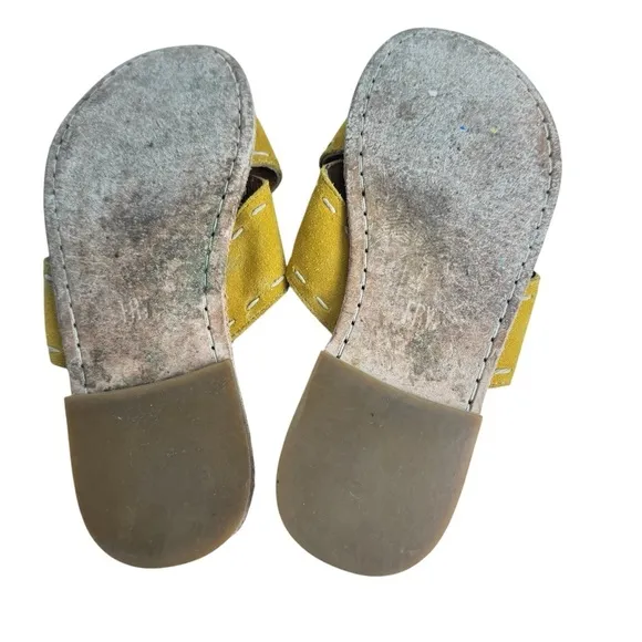 Frye Women’s Avery Pickstitch Suede Mustard Yellow Crossover Strap Slides