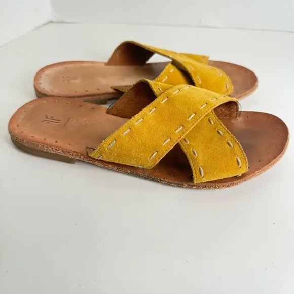 Frye Women’s Avery Pickstitch Suede Mustard Yellow Crossover Strap Slides