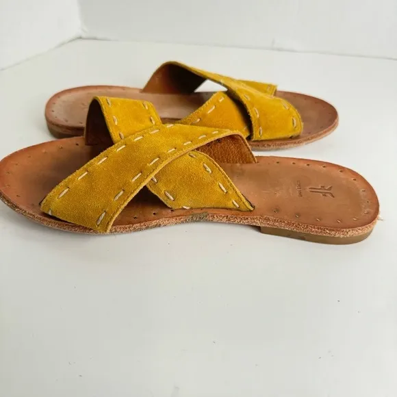 Frye Women’s Avery Pickstitch Suede Mustard Yellow Crossover Strap Slides