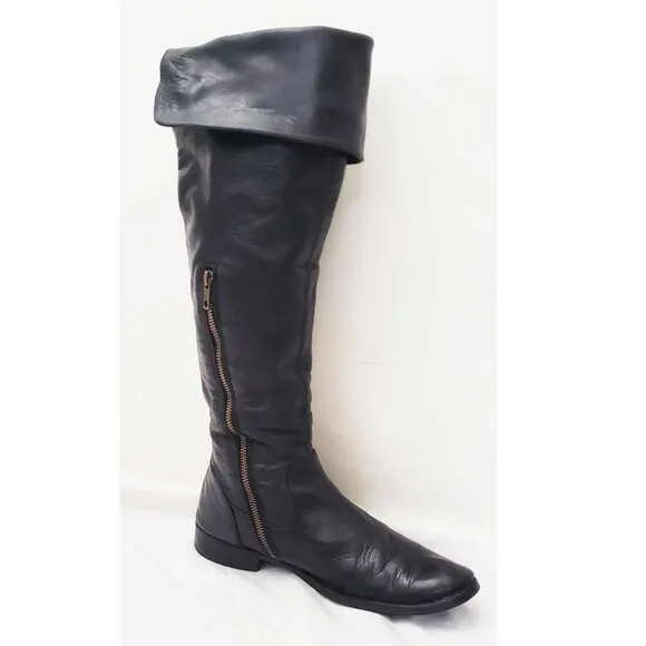 Frye Womens Shirley Over The Knee Riding Black Leather Boots Foldover Pirat 8.5