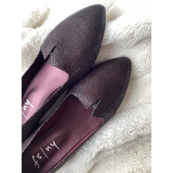 FS/NY NWT NEW Pebble Leather Eggplant Metallic Point Toe Work Flats Slip On 10