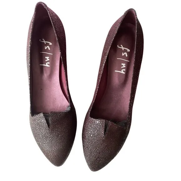 FS/NY NWT NEW Pebble Leather Eggplant Metallic Point Toe Work Flats Slip On 10