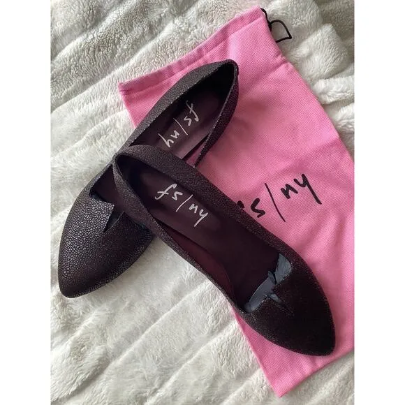 FS/NY NWT NEW Pebble Leather Eggplant Metallic Point Toe Work Flats Slip On 10