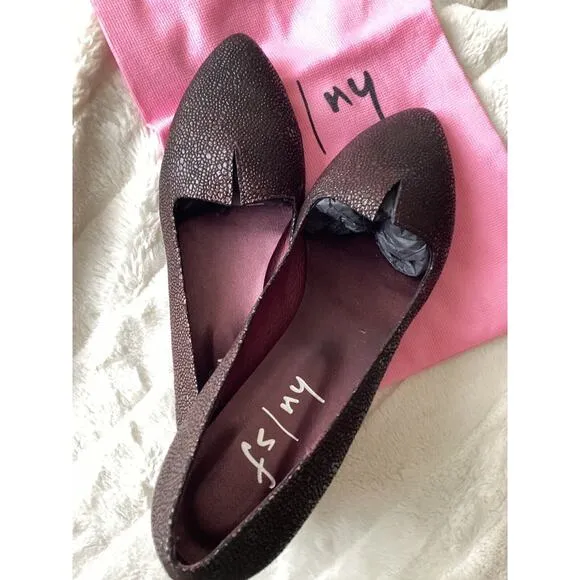 FS/NY NWT NEW Pebble Leather Eggplant Metallic Point Toe Work Flats Slip On 10