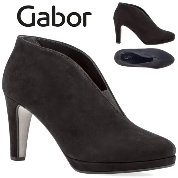 Gabor Amien Black Suede Heeled Booties Leather Slip On Ankle Boots Pumps 8.5