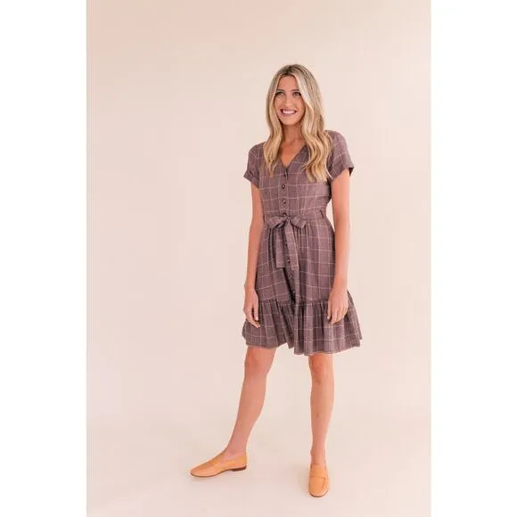 Gal Meets Glam Women's Emerson Plaid V-Neck Button Belted Short Sleeve Dress 14