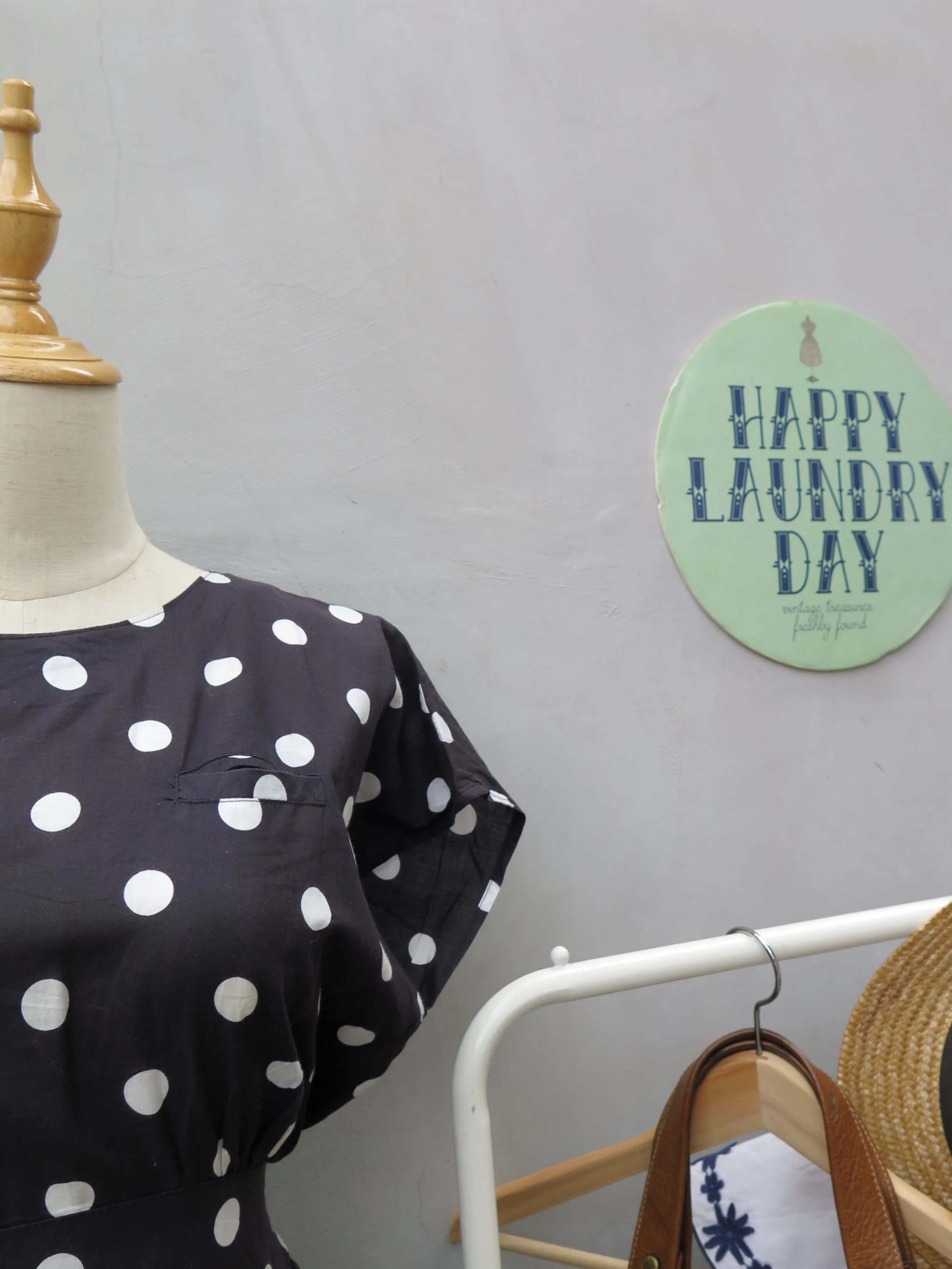 Genevieve | Vintage 1980s black and white polka dot ribbon tie dress