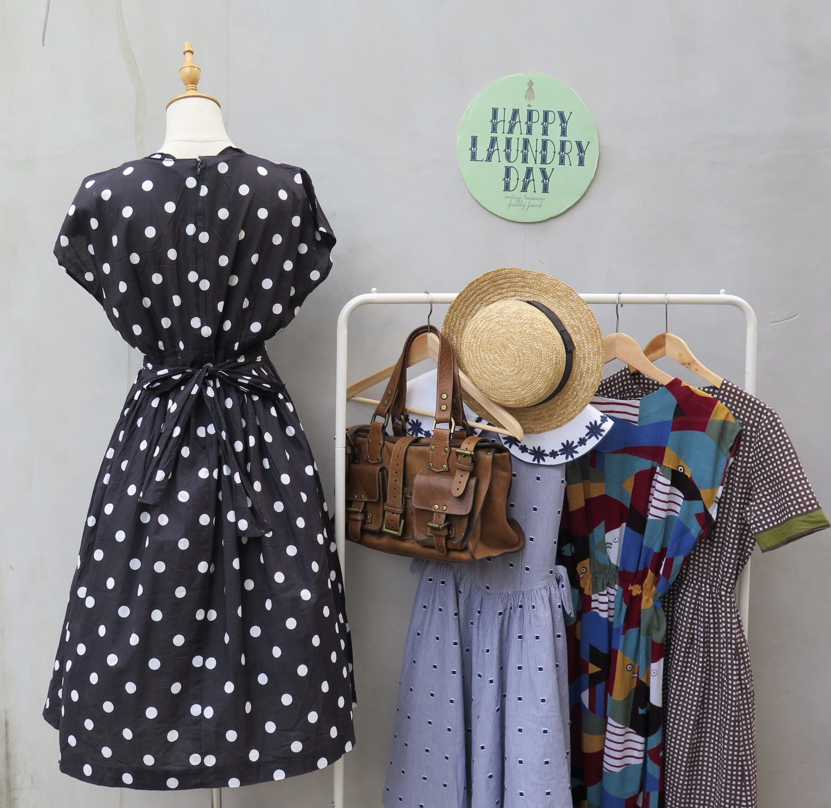 Genevieve | Vintage 1980s black and white polka dot ribbon tie dress