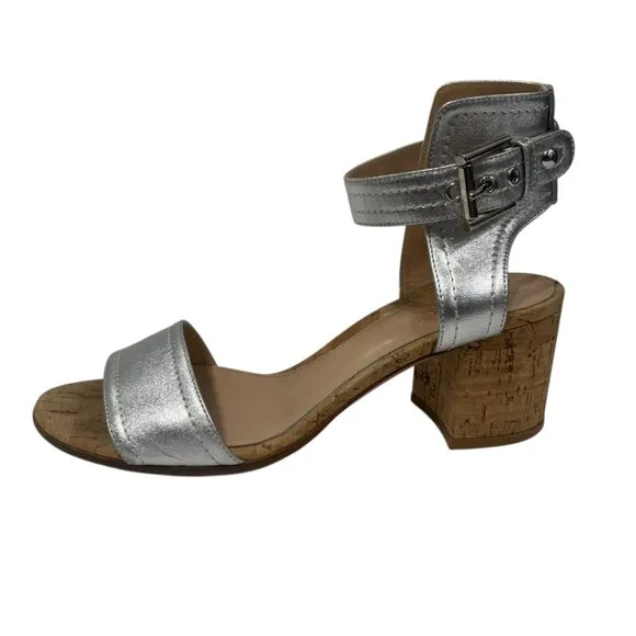 Gianvito Rossi Silver Sandals with Cork Heel and Ankle Strap Design