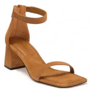 Good American Women's Amber Tan Square-Toe Ankle-Strap Block-Heel Sandals SZ 6.5
