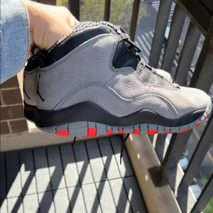 Gray and Black High-Top Sneakers with Red Accents