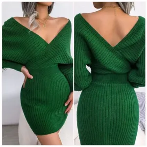 Green Rib-Knit Sweater Dress