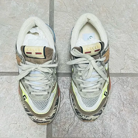 GUCCI Suede Calfskin Multicolor Sneakers with Snake Print Accents