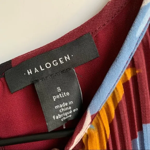 HALOGEN | NWT Burgundy Spots Pleated Sleeveless Shift Dress sz Small Petite