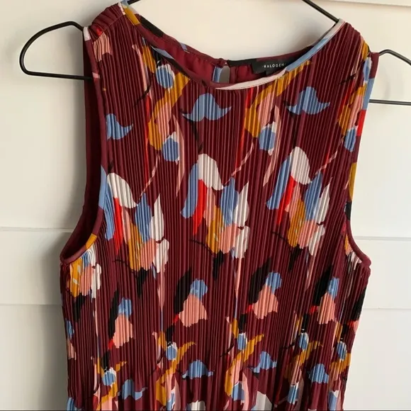 HALOGEN | NWT Burgundy Spots Pleated Sleeveless Shift Dress sz Small Petite