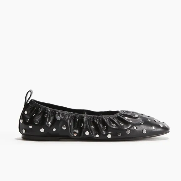 H&amp;M black faux leather stud ballet flats ruched silver studded detail