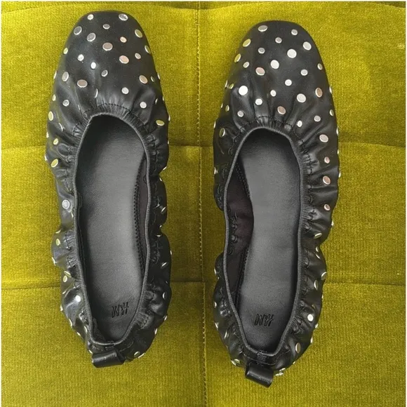 H&amp;M black faux leather stud ballet flats ruched silver studded detail