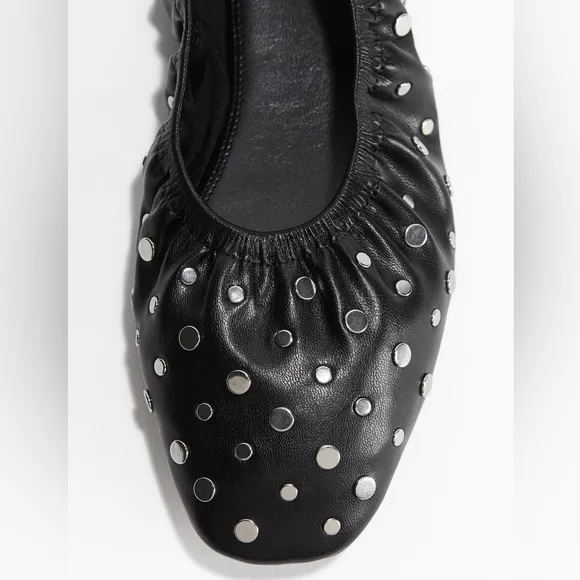 H&amp;M black faux leather stud ballet flats ruched silver studded detail