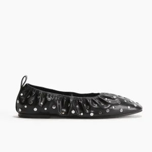 H&amp;M black faux leather stud ballet flats ruched silver studded detail
