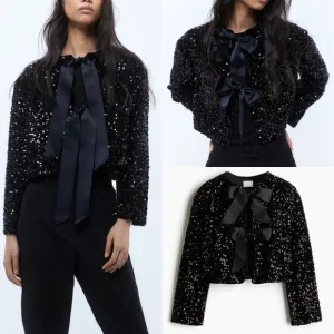 H&amp;M VIRAL black sequin bow tie front cardigan jacket