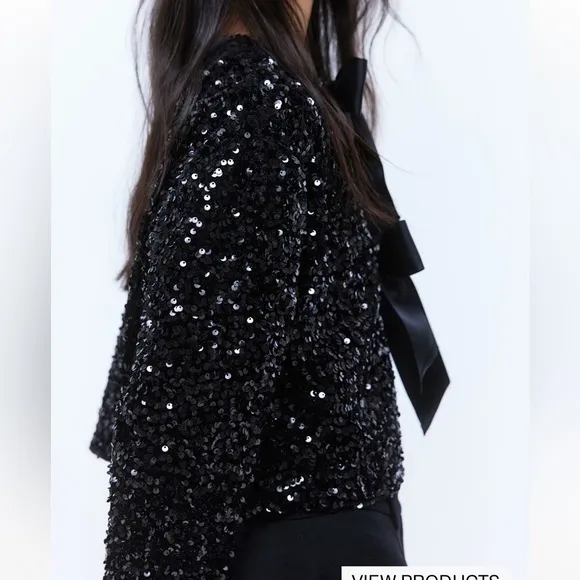 H&amp;M VIRAL black sequin bow tie front cardigan jacket