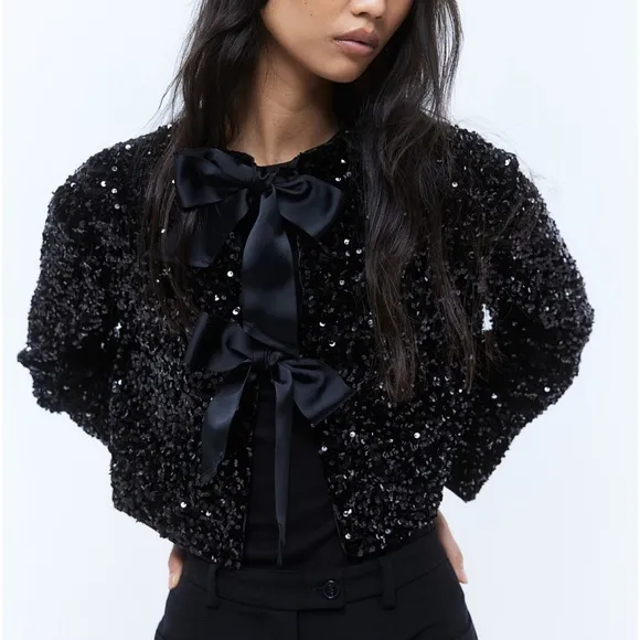 H&amp;M VIRAL black sequin bow tie front cardigan jacket