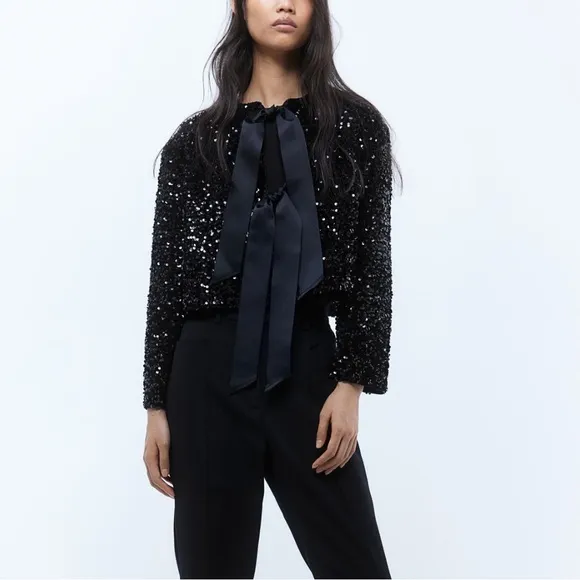 H&amp;M VIRAL black sequin bow tie front cardigan jacket