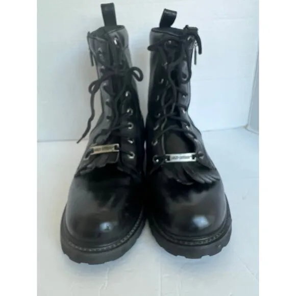 Harley Davidson Men’s Black Leather Combat Tassel Biker Lace Up Zip Boots 12/13