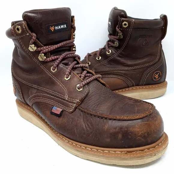 Hawx Made in USA Brown Leather Moc Wedge Steel Toe Boots - Men's 10 EE Wide