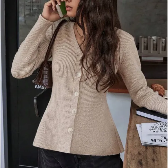 Hourglass shaped knit sweater cardigan with cinched waist &amp; button front
