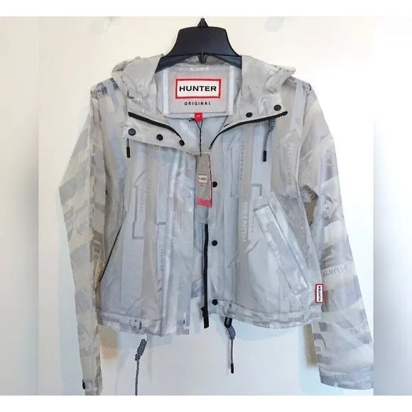 Hunter Boots Original Crop Vinyl Rain Coat Smock Jacket Grey Stripe Festival