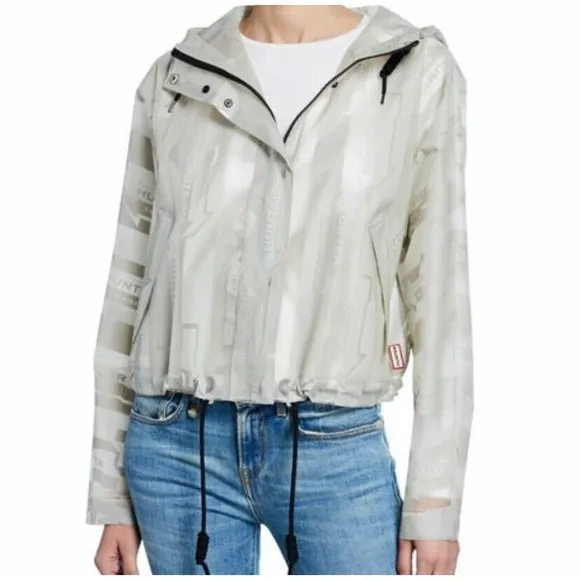 Hunter Boots Original Crop Vinyl Rain Coat Smock Jacket Grey Stripe Festival