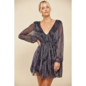 Indigo Metallic Sparkling Mesh Long Sleeve Cocktail Holiday Party Mini Dress