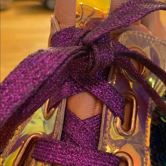 Iridescent Sequined Sneakers with Metallic Purple Laces