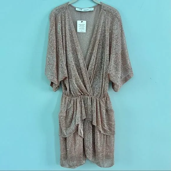 IRO Lamé Ruffled Metallic Pink Shimmer Mini Dress