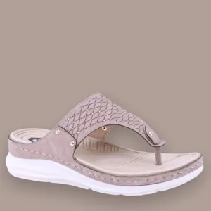 Italina Tan White Textured Rhinestone Thong Slide On Padded Comfort Wedge Sandal