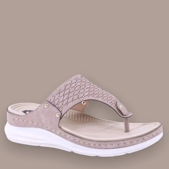 Italina Tan White Textured Rhinestone Thong Slide On Padded Comfort Wedge Sandal