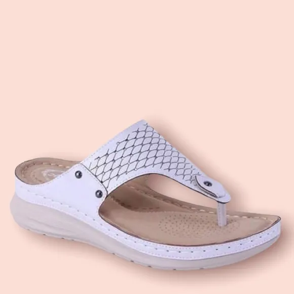 Italina Tan White Textured Rhinestone Thong Slide On Padded Comfort Wedge Sandal