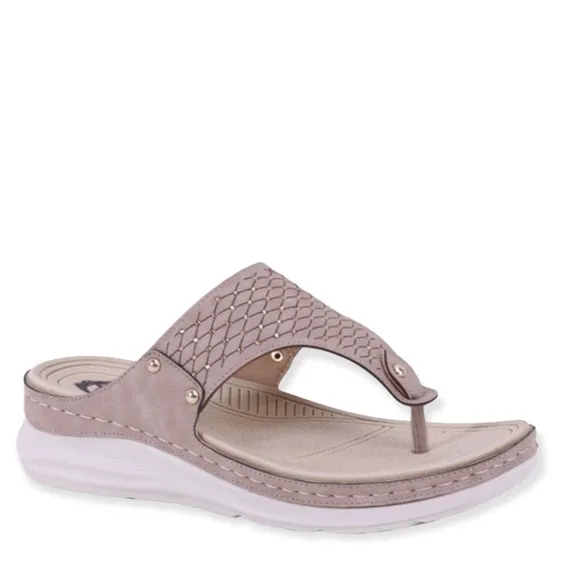 Italina Tan White Textured Rhinestone Thong Slide On Padded Comfort Wedge Sandal