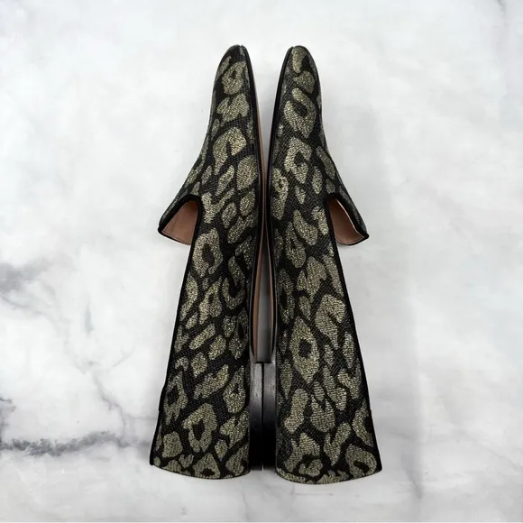 J. Crew Leopard Jacquard Metallic Slip On Smoking Loafer Flats Black Gold 10