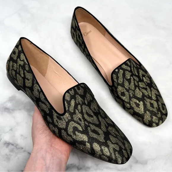 J. Crew Leopard Jacquard Metallic Slip On Smoking Loafer Flats Black Gold 10