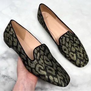 J. Crew Leopard Jacquard Metallic Slip On Smoking Loafer Flats Black Gold 10