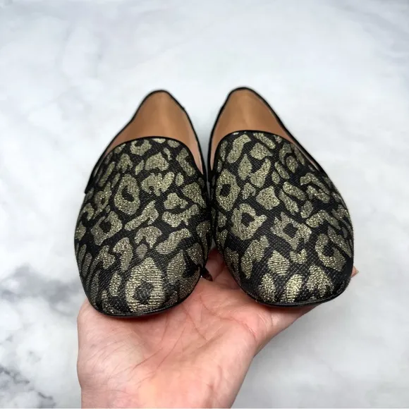 J. Crew Leopard Jacquard Metallic Slip On Smoking Loafer Flats Black Gold 10
