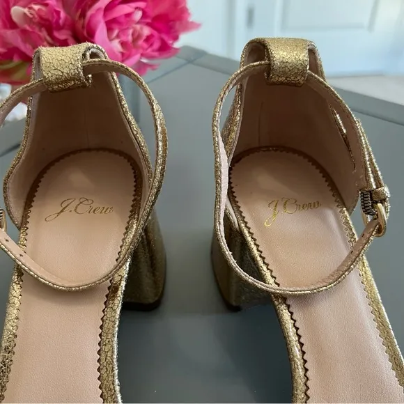 J. Crew Metallic Gold Penny Ankle Strap Block Heel Sandals