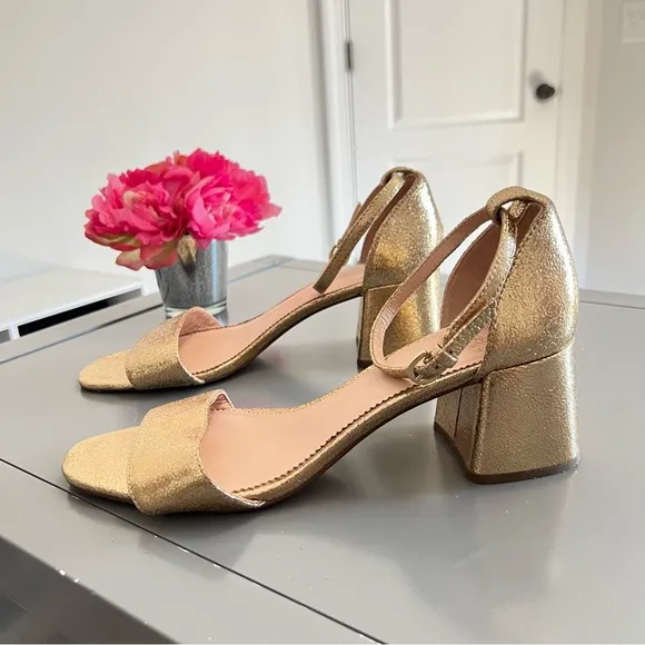 J. Crew Metallic Gold Penny Ankle Strap Block Heel Sandals
