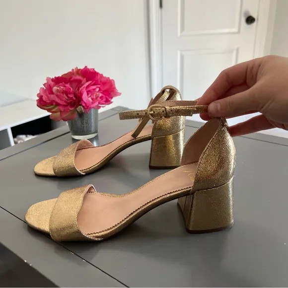 J. Crew Metallic Gold Penny Ankle Strap Block Heel Sandals