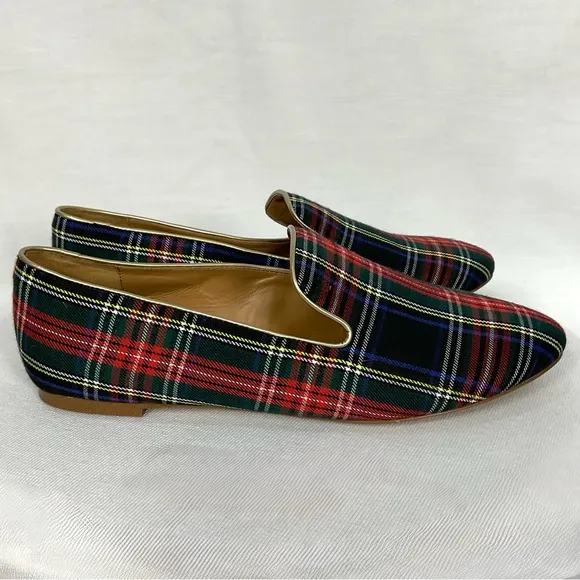J. Crew Plaid Smoking Loafers Stewart Tartan Black Red Sz 10.5 Flats Slip-on