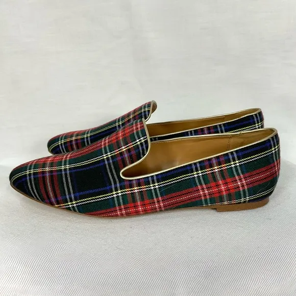 J. Crew Plaid Smoking Loafers Stewart Tartan Black Red Sz 10.5 Flats Slip-on